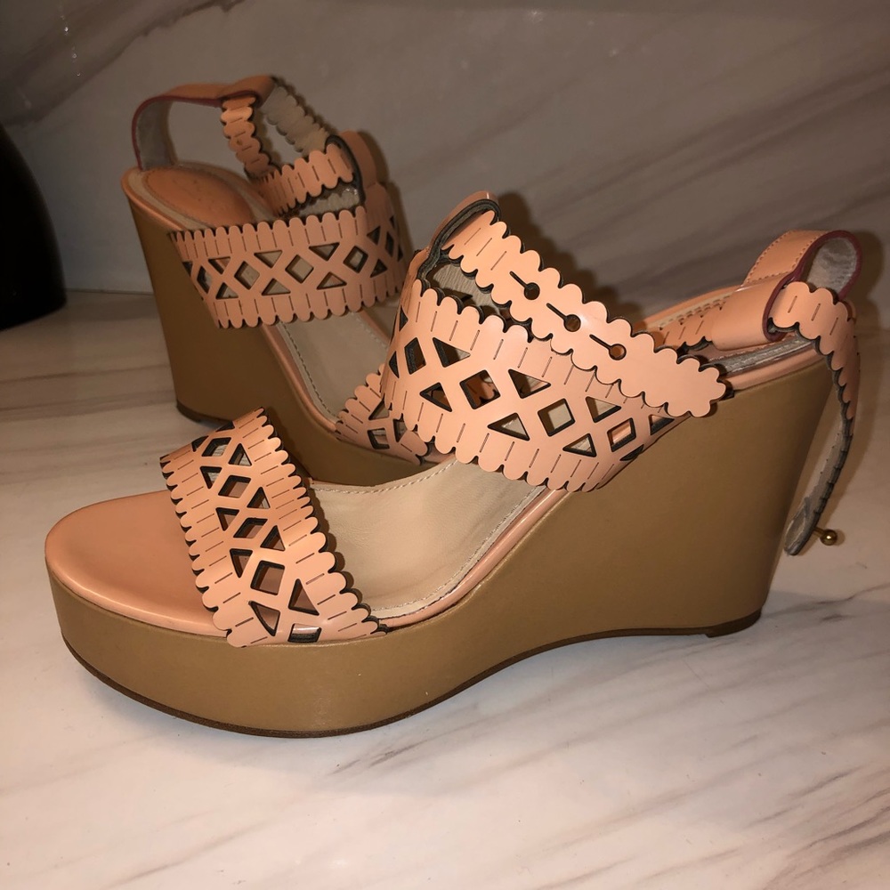 Chloe dark beige color leather laser cutout platform heels size 38.5 MK